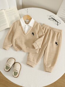 SHEIN 2pcs/Set Baby Boy Autumn/Winter Patchwork Polo Collar Long Sleeve Casual Sweatshirt And Pants Set, College Style - Multicolor - View 6