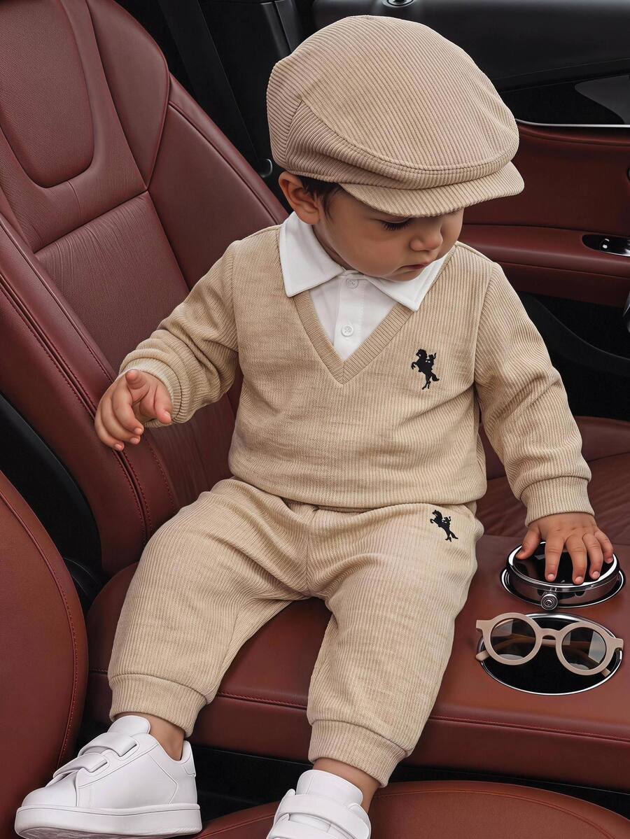 SHEIN 2pcs/Set Baby Boy Autumn/Winter Patchwork Polo Collar Long Sleeve Casual Sweatshirt And Pants Set, College Style - Multicolor - View 1