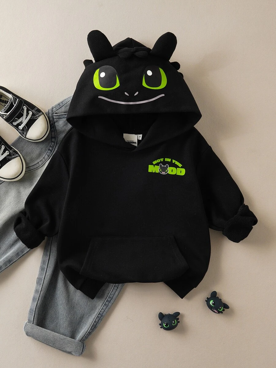 SHEIN How to Train Your Dragon Young Boy Letter & Cartoon Graphic Hooded Sweatshirt - Black - View 1