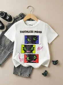 SHEIN How to Train Your Dragon Young Boy Summer Casual Dragon Print Round Neck Short Sleeve T-Shirt - White - View 1