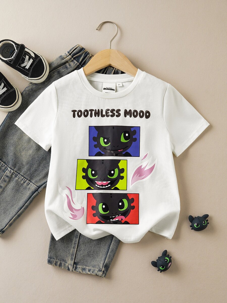 SHEIN How to Train Your Dragon Young Boy Summer Casual Dragon Print Round Neck Short Sleeve T-Shirt - White - View 1