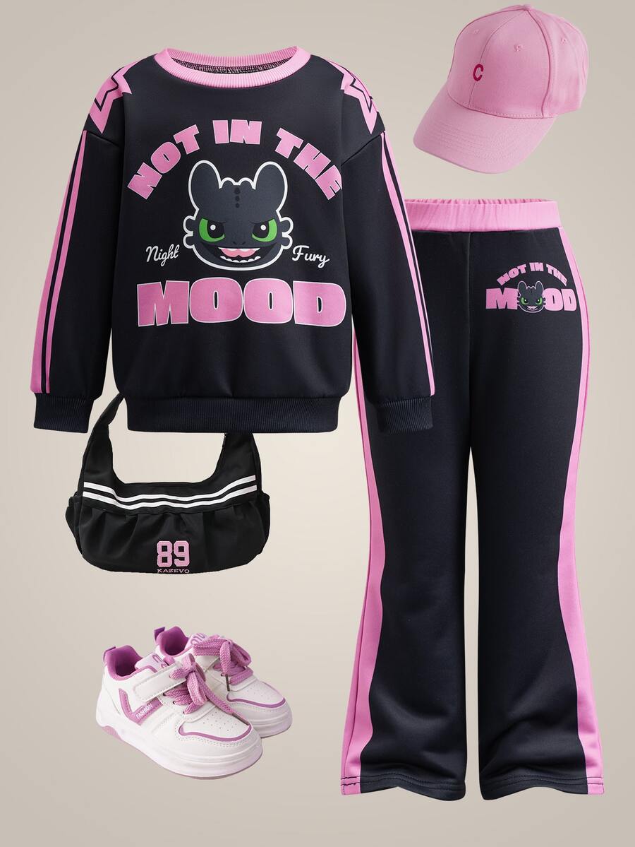 SHEIN How to Train Your Dragon Young Girl Casual Letter & Dragon Print Crew Neck Sweatshirt And Sweatpants Set, Autumn - Black - View 1