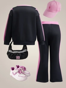 SHEIN How to Train Your Dragon Young Girl Casual Letter & Dragon Print Crew Neck Sweatshirt And Sweatpants Set, Autumn - Black - View 2