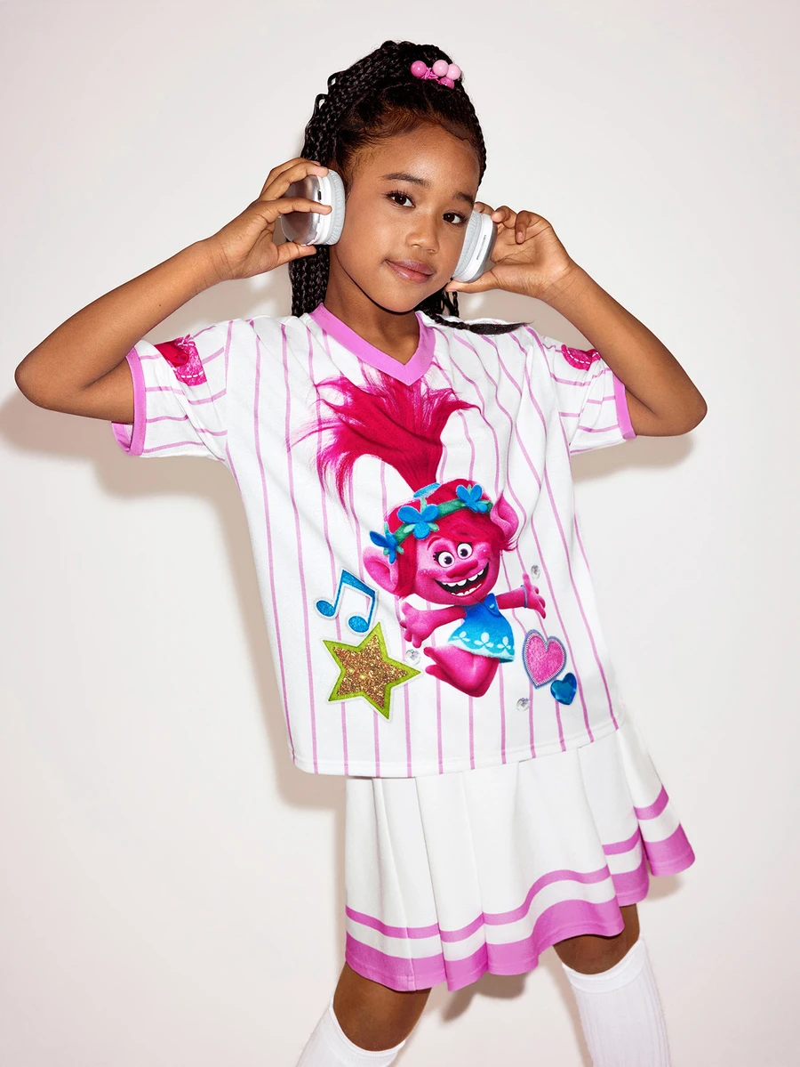 SHEIN Trolls Tween Girl Summer Casual Striped Cartoon Graphic Short Sleeve T-Shirt And Mini Skirt Set - White - View 1