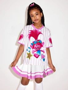 SHEIN Trolls Tween Girl Summer Casual Striped Cartoon Graphic Short Sleeve T-Shirt And Mini Skirt Set - White - View 4