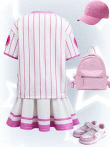 SHEIN Trolls Tween Girl Summer Casual Striped Cartoon Graphic Short Sleeve T-Shirt And Mini Skirt Set - White - View 3