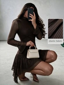 NOVVYNE Women's Brown Knit Mesh Striped Textured Long Sleeve Ruched Waist A-Line Elegant Romantic Short Dress - Brown - View 1
