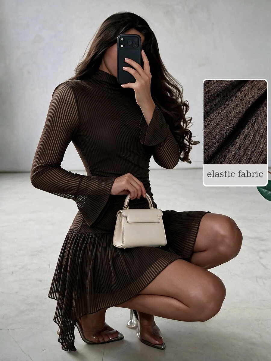 NOVVYNE Women's Brown Knit Mesh Striped Textured Long Sleeve Ruched Waist A-Line Elegant Romantic Short Dress - Brown - View 1
