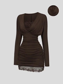 Sweetra Women's Premium Elegant Fashion Versatile Commute Urban Modern & Lace Patchwork Coffee Brown Short Ruched Dress - Coffee - View 1