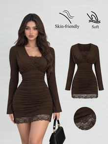 Sweetra Women's Premium Elegant Fashion Versatile Commute Urban Modern & Lace Patchwork Coffee Brown Short Ruched Dress - Coffee - View 3