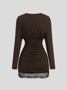 Sweetra Women's Premium Elegant Fashion Versatile Commute Urban Modern & Lace Patchwork Coffee Brown Short Ruched Dress - Coffee - View 2