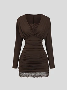 Sweetra Women's Premium Elegant Fashion Versatile Commute Urban Modern & Lace Patchwork Coffee Brown Short Ruched Dress - Coffee - View 4