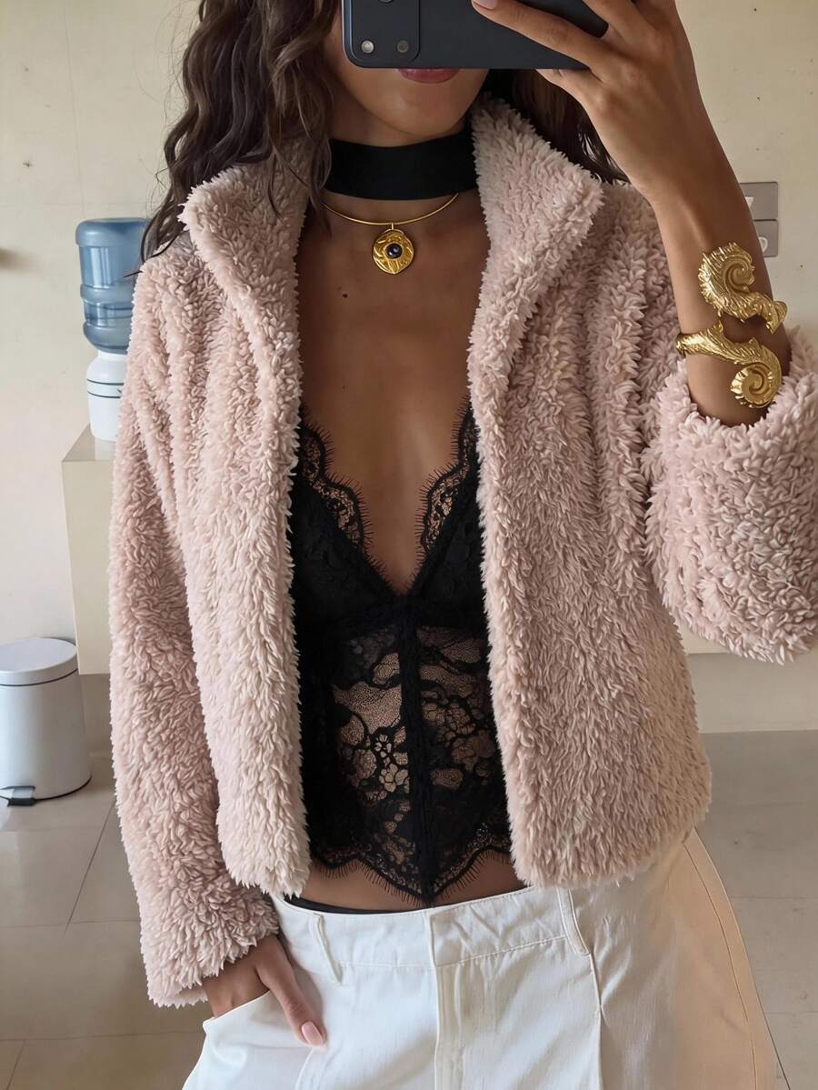 SHEIN LUNE Women's Solid Color Casual Elegant Versatile Winter Faux Fur Coat Going Out Dusty Pink - Dusty Pink - View 1