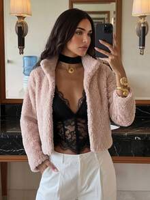 SHEIN LUNE Women's Solid Color Casual Elegant Versatile Winter Faux Fur Coat Going Out Dusty Pink - Dusty Pink - View 3