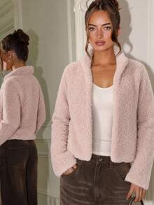 SHEIN LUNE Women's Solid Color Casual Elegant Versatile Winter Faux Fur Coat Going Out Dusty Pink - Dusty Pink - View 4