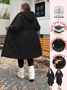 SHEIN EZwear 大尺碼女款純色收腰百搭極簡膠囊風休閒厚外套,冬季居家旅行外出穿著,黑色 - 黑色 - 查看 8