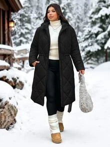 SHEIN EZwear 大尺碼女款純色收腰百搭極簡膠囊風休閒厚外套,冬季居家旅行外出穿著,黑色 - 黑色 - 查看 6