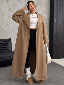 Muchica Plus Size Streetwear Smart Casual Elegant Long Sleeve Trench Coat With Pockets Office Travel Khaki Fall - Coffee Brown - View 2