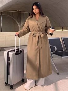 Muchica Plus Size Streetwear Smart Casual Elegant Long Sleeve Trench Coat With Pockets Office Travel Khaki Fall - Coffee Brown - View 8