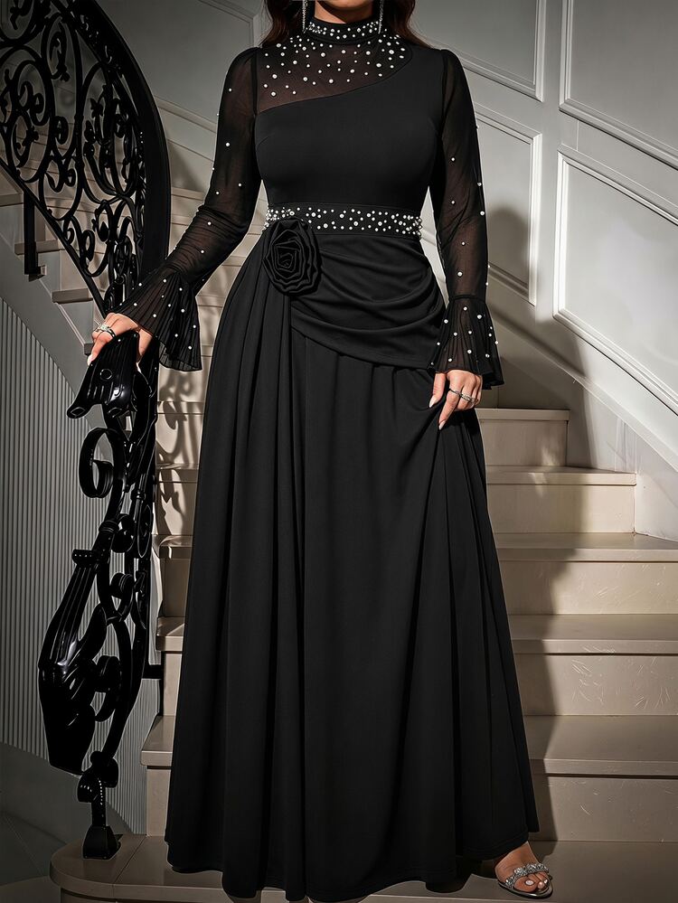 Reflora Plus Size Women's Faux Pearl 3D Floral Decor Casual Party Dress Fall - Black - View 9