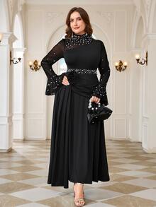 Reflora Plus Size Women's Faux Pearl 3D Floral Decor Casual Party Dress Fall - Black - View 7