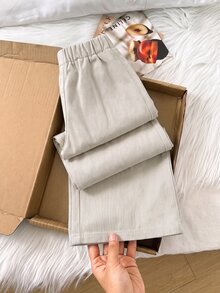 SHEIN 女童新款休閒時尚極簡百搭工裝風雙口袋牛仔長褲，四季款高腰全鬆緊腰帶易穿脫，白色對比縫線直筒寬腿長褲 - 杏色 - 查看 2
