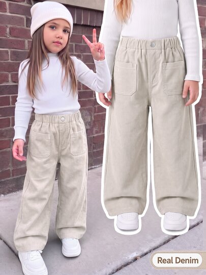 SHEIN Girls New Casual Fashion Minimalist Versatile Utility Style Double Pocket Denim Jeans, All-Season High Waist Full Elastic Waist Easy On/Off White Contrast Stitch Straight Leg Wide Leg Long Pants