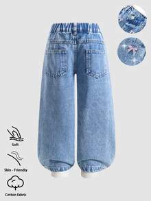 SHEIN 女童牛仔長褲，四季皆宜，中洗藍色，街頭風，度假休閒，可愛極簡 Y2K 設計，不對稱鬆緊腰頭，刺繡基本口袋，鈕扣門襟，水鑽裝飾，寬鬆直筒牛仔褲，柔軟舒適棉質牛仔布，無彈力，日常穿著，2026 秋冬新品 - 中等水洗藍 - 查看 2