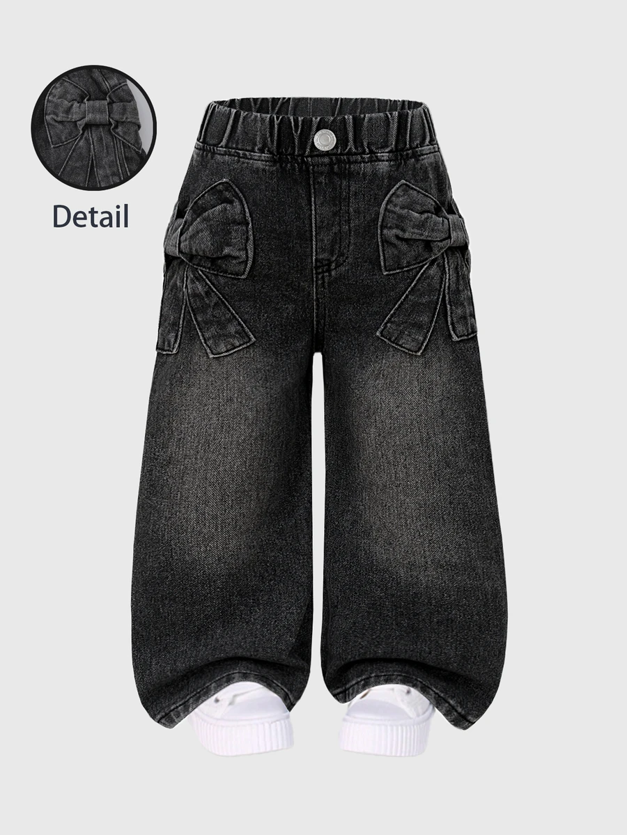 SHEIN Young Girl All-Match Casual Cute Bow Embroidered Pocket Relaxed Straight Leg Washed Denim Jeans Suitable For Daily Wear School Baby Blue Summer - Black - View 1