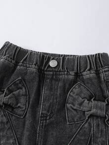 SHEIN Young Girl All-Match Casual Cute Bow Embroidered Pocket Relaxed Straight Leg Washed Denim Jeans Suitable For Daily Wear School Baby Blue Summer - Black - View 4