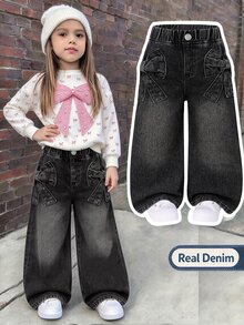 SHEIN Young Girl All-Match Casual Cute Bow Embroidered Pocket Relaxed Straight Leg Washed Denim Jeans Suitable For Daily Wear School Baby Blue Summer - Black - View 3