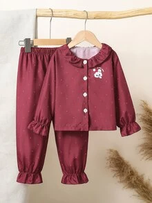 SHEIN 2pcs Girls Blue Summer Fairy Night Pajama Autumn/Winter Set, Cute Rabbit Polka Dot Print Woven Fabric Long Sleeve Cardigan With Ruffle Collar&Pants - Burgundy - View 1