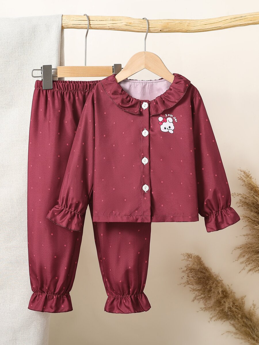 SHEIN 2pcs Girls Blue Summer Fairy Night Pajama Autumn/Winter Set, Cute Rabbit Polka Dot Print Woven Fabric Long Sleeve Cardigan With Ruffle Collar&Pants - Burgundy - View 1