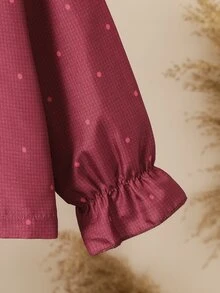 SHEIN 2pcs Girls Blue Summer Fairy Night Pajama Autumn/Winter Set, Cute Rabbit Polka Dot Print Woven Fabric Long Sleeve Cardigan With Ruffle Collar&Pants - Burgundy - View 7