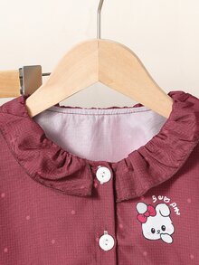 SHEIN 2pcs Girls Blue Summer Fairy Night Pajama Autumn/Winter Set, Cute Rabbit Polka Dot Print Woven Fabric Long Sleeve Cardigan With Ruffle Collar&Pants - Burgundy - View 6