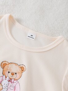 SHEIN Girls' Apricot Ribbed Bear Print Long Sleeve Top And Casual Pink & White Ribbed Print Long Pants Loungewear Set, Autumn/Winter - Multicolor - View 6