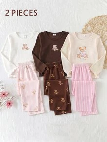 SHEIN Girls' Apricot Ribbed Bear Print Long Sleeve Top And Casual Pink & White Ribbed Print Long Pants Loungewear Set, Autumn/Winter - Multicolor - View 1