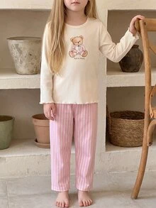 SHEIN Girls' Apricot Ribbed Bear Print Long Sleeve Top And Casual Pink & White Ribbed Print Long Pants Loungewear Set, Autumn/Winter - Multicolor - View 5