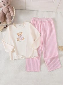 SHEIN Girls' Apricot Ribbed Bear Print Long Sleeve Top And Casual Pink & White Ribbed Print Long Pants Loungewear Set, Autumn/Winter - Multicolor - View 8