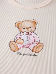 SHEIN Girls' Apricot Ribbed Bear Print Long Sleeve Top And Casual Pink & White Ribbed Print Long Pants Loungewear Set, Autumn/Winter - Multicolor - View 7
