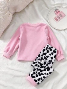 SHEIN 2件組女孩粉色針織圓領法蘭絨長袖褲套裝，乳牛刺繡圖案，簡約休閒舒適柔軟保暖抓絨內裡居家服，秋冬款 - 彩色 - 查看 2