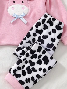SHEIN 2件組女孩粉色針織圓領法蘭絨長袖褲套裝，乳牛刺繡圖案，簡約休閒舒適柔軟保暖抓絨內裡居家服，秋冬款 - 彩色 - 查看 3