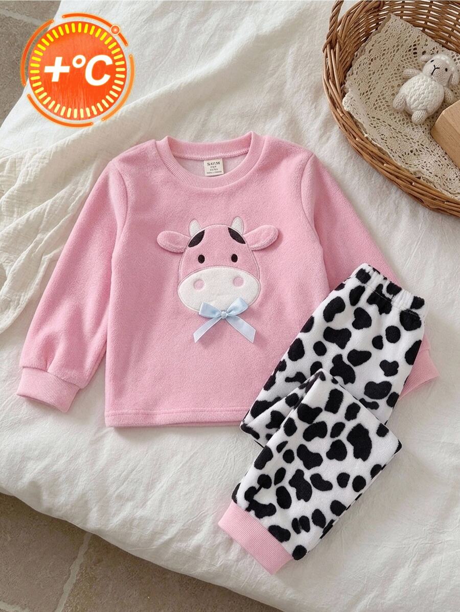 SHEIN 2件組女孩粉色針織圓領法蘭絨長袖褲套裝,乳牛刺繡圖案,簡約休閒舒適柔軟保暖抓絨內裡居家服,秋冬款 - 彩色 - 查看 1