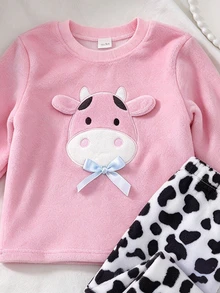 SHEIN 2件組女孩粉色針織圓領法蘭絨長袖褲套裝，乳牛刺繡圖案，簡約休閒舒適柔軟保暖抓絨內裡居家服，秋冬款 - 彩色 - 查看 4