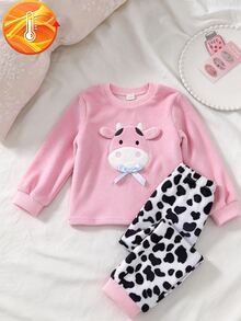 SHEIN 2件組女孩粉色針織圓領法蘭絨長袖褲套裝，乳牛刺繡圖案，簡約休閒舒適柔軟保暖抓絨內裡居家服，秋冬款 - 彩色 - 查看 7