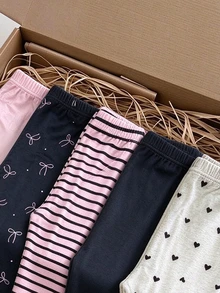 SHEIN 2pcs/Set Girls' Leggings, Pink Black Gray Striped Bowknot Floral Heart Pattern, Simple Casual Comfortable Soft, Spring Summer Autumn - Multicolor - View 8