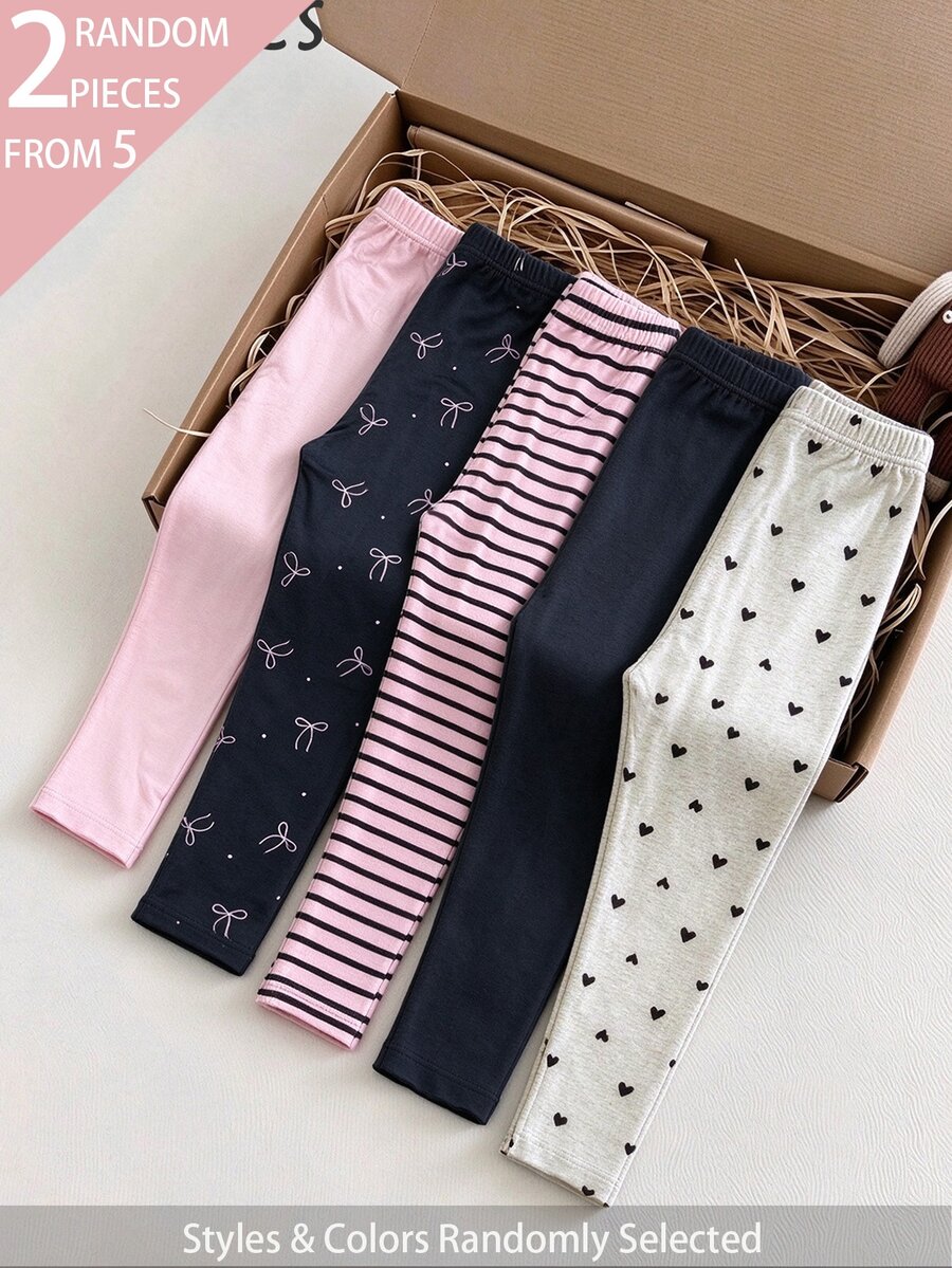 SHEIN 2pcs/Set Girls' Leggings, Pink Black Gray Striped Bowknot Floral Heart Pattern, Simple Casual Comfortable Soft, Spring Summer Autumn - Multicolor - View 1