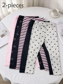 SHEIN 2pcs/Set Girls' Leggings, Pink Black Gray Striped Bowknot Floral Heart Pattern, Simple Casual Comfortable Soft, Spring Summer Autumn - Multicolor - View 7