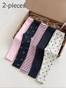 SHEIN 2pcs/Set Girls' Leggings, Pink Black Gray Striped Bowknot Floral Heart Pattern, Simple Casual Comfortable Soft, Spring Summer Autumn - Multicolor - View 2