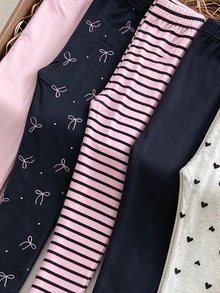 SHEIN 2pcs/Set Girls' Leggings, Pink Black Gray Striped Bowknot Floral Heart Pattern, Simple Casual Comfortable Soft, Spring Summer Autumn - Multicolor - View 10